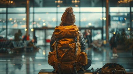 A backpacker sits in a quiet corner of the airport - obrazy, fototapety, plakaty