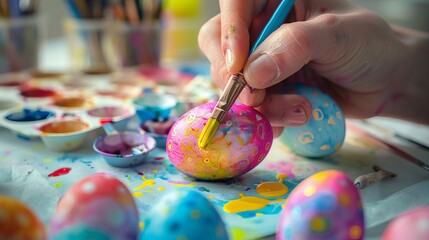 Using vibrant watercolors, hands are engaged in the creative act of painting Easter eggs, highlighting craftsmanship and tradition amidst the vibrance and festivity of the season.





