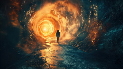 Woman walking through the dark colorful tunnel towards the glowing light. Mystical portal to another world, different dimension or afterlife. Exploration, transition, the unknown.