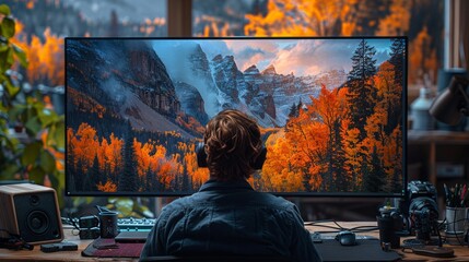 A photographer edits a stunning landscape photo on a high-resolution digital monitor in their home studio