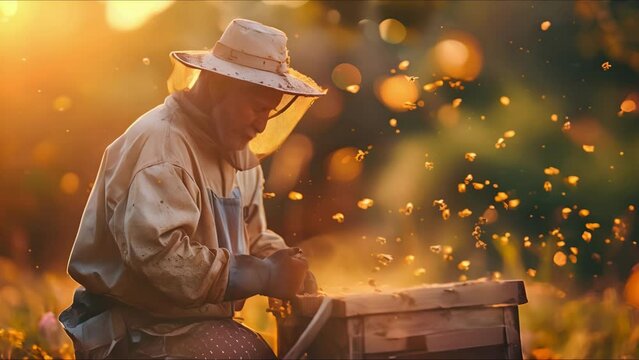 The beekeeper pulls out a frame with honey from the beehive. Apiarist in protective suit holds a honey cells with bees in his hands. Ai generated.