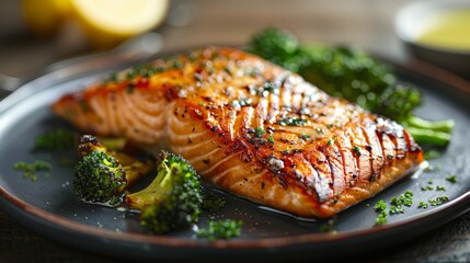 grilled salmon fillet with charred broccoli and lemon for a healthy gourmet seafood dinner plate