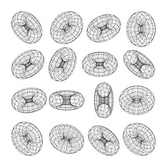 Wireframe shapes, lined torus. Perspective mesh, 3d grid. Low poly geometric elements. Retro futuristic design elements, y2k, vaporwave and synthwave style. Vector illustration