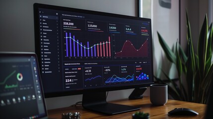 High-resolution monitor displaying colorful bar and line graphs for performance metrics, Concept of business analytics, data visualization, and corporate reporting