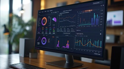 Sophisticated business dashboard with vivid analytics on high-definition screen, Concept of business intelligence, big data, and corporate strategy - obrazy, fototapety, plakaty