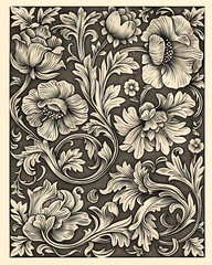 Floral woodcut panel 17th century style vintage flowers