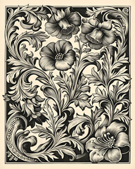 Floral woodcut panel 17th century style vintage flowers