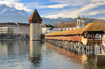 Marvelous historic city center of Lucerne with the old wooden Chapel Bridge (Kapellbruecke) and the...