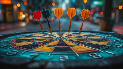 Fototapeta premium Close-up of darts in bullseye on dartboard with blurred city lights background, Concept of goal achievement, accuracy, and focused success