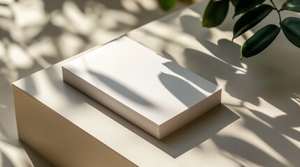 Elegant white book mockup on beige surface with natural shadow play, Concept of publishing, minimalism, and modern design