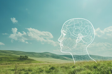 Mindfulness and Nature. Double Exposure of Human Silhouette and Landscape. Silhouette of a Mind in Harmony with Nature. Inner Peace Concept with Landscape and Human Profile