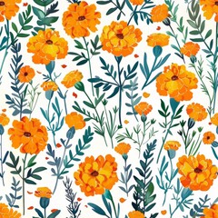 Vibrant Marigold Flowers and Green Foliage Seamless Pattern