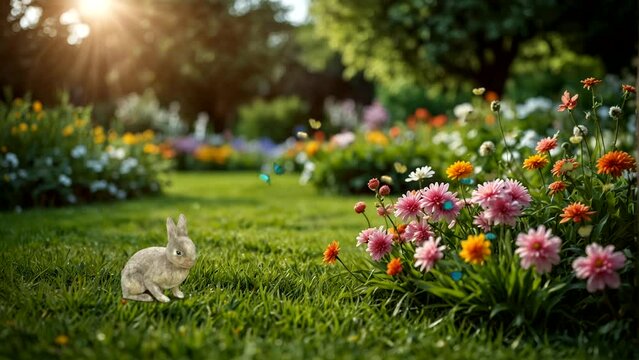 A beautiful spring garden with flowers and green lawn grass, butterflies dancing, there are rabbits Seamless looping 4k time-lapse animation video background
