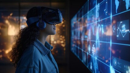 Woman in VR headset immersed in interactive screen exploration, concept of virtual reality, technology, and futuristic innovation