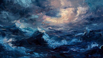 Oil painting, ocean storm, dark palette, twilight, wide angle, tumultuous waves. 