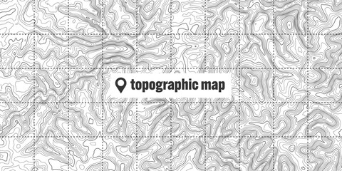 Topographic map with contour lines. Geographic terrain grid, relief height elevation. Ground path pattern. Travel and navigation, cartography design element. Vector illustration