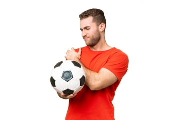 Handsome young football player man over isolated chroma key background suffering from pain in shoulder for having made an effort