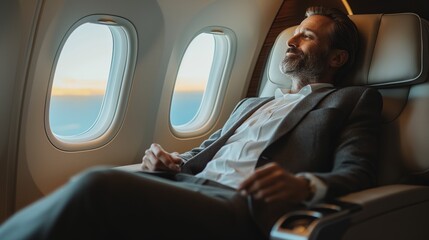 Businessman enjoying the tranquility of first-class flight, Concept of luxury, business travel, and exclusive comfort