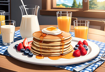 Un acercamiento a una imagen que representa un delicioso desayuno con varios vasos de jugo de naranja - obrazy, fototapety, plakaty