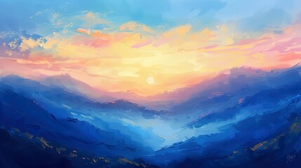 Oil paint, mountain sunrise, vibrant horizon, early morning, wide angle, glowing edges.  - obrazy, fototapety, plakaty