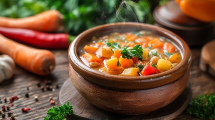 Hearty vegetable soup in terracotta bowl, concept of homemade nutrition and warm comfort food