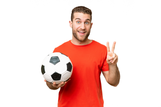Handsome young football player man over isolated chroma key background smiling and showing victory sign