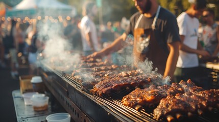 BBQ food truck at an outdoor festival serving smokey cuisine, Concept of community, casual dining, and culinary traditions - obrazy, fototapety, plakaty
