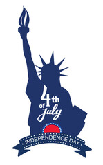 Poster with silhouette statue of liberty, NYC, USA symbol, USA flag. Independence day print