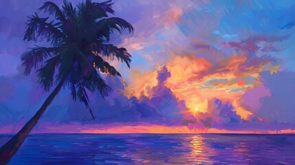 Oil painting, tropical sunrise, vibrant sky, early light, panoramic, palm silhouette. 