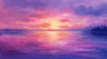 Obraz premium Abstract oil painting, lake at sunset, oil effect, tranquil purples and pinks, dusk, wide angle, serene water. 