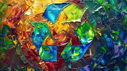 Oil painting Abstract, recycling symbols, oil effect, bright colors, direct sunlight, macro detail.  - obrazy, fototapety, plakaty