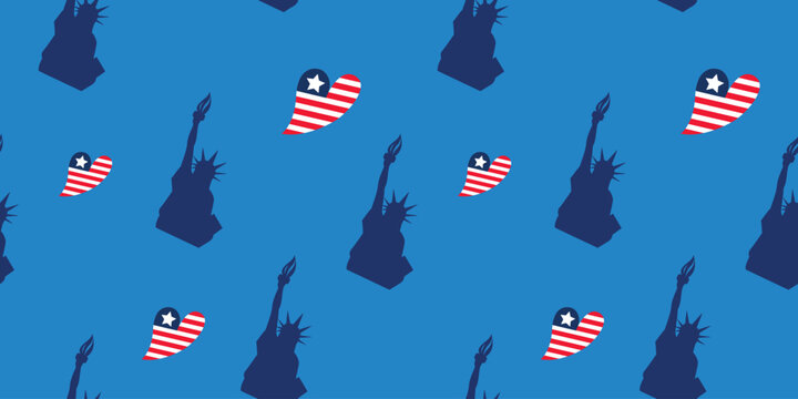 Abstract seamless pattern with statue of Liberty, stars, American flag. USA repeated backdrop. Independence day repeating wallpaper.