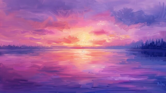 Abstract oil painting, lake at sunset, oil effect, tranquil purples and pinks, dusk, wide angle, serene water. 