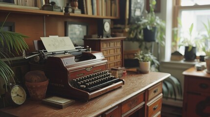 Vintage typewriter on a wooden desk with a book and clock, concept of retro writing, literature, and timelessness