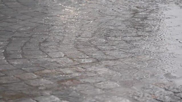 rain on the puddle of the pavement street blurred background slow motion