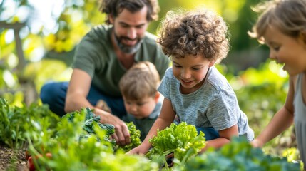 Family gardening together, nurturing plants in the garden, concept of outdoor family bonding and education in nature