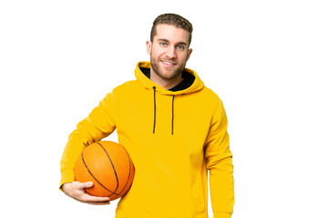 Young handsome blonde man over isolated chroma key background playing basketball