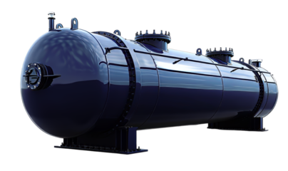 Fiberglass Tank Industrial horizontal pressure vessel with flanges and nozzles, designed for storage and processing of gases or liquids, depicted in a solid dark blue color on a white background.