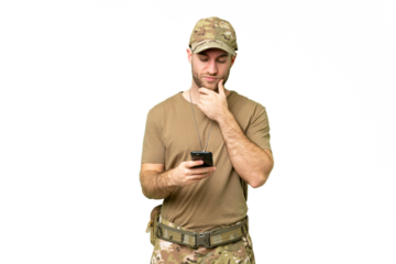 Military with dog tag over isolated chroma key background thinking and sending a message
