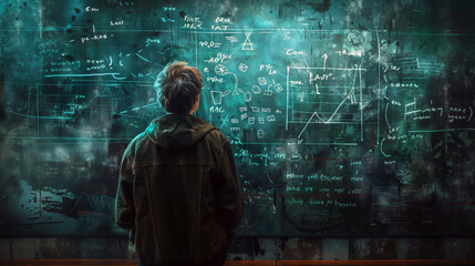 A person intently examines intricate mathematical equations and graphs on a worn chalkboard surface.