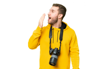 Young photographer man over isolated chroma key background yawning and covering wide open mouth with hand