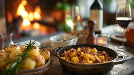 Cozy dining ambiance with wine and roasted potatoes, concept of culinary pleasure and intimate gatherings