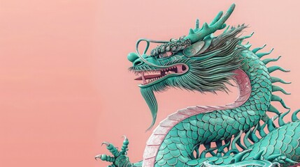 A fantastical depiction of a green dragon with wings against a pink background. The dragon's vibrant green 