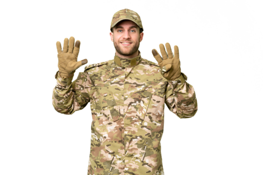 Military man over isolated chroma key background counting nine with fingers