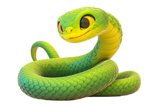3d render style cartoon green snake. Chinese, Lunar new year 2025 concept. Isolated reptile on transparent background for greeting card, print, calendar, flyer.