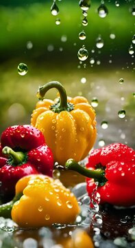 fresh paprica in red and yellow under a stream of fresh water with lots of waterdrops against a green blurred background, slow motion zoom, fresh vertical food video