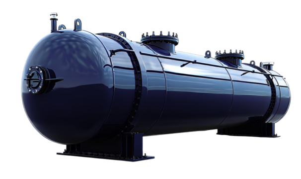 Fiberglass Tank Industrial horizontal pressure vessel with flanges and nozzles, designed for storage and processing of gases or liquids, depicted in a solid dark blue color on a white background.
