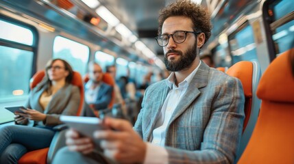 Businessman using a tablet on a train, concept of mobile office and technology in transit