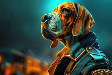 A beagle in a detective coat sniffs around an old town, searching for clues in a pretend mystery game, captured in intriguing closeup