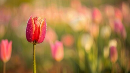 Dew-Kissed Red Tulip in Sunlit Spring Garden